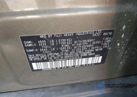 2016 Subaru Outback 2.5I Premium из США, поврежденный, VIN 4S4BSAHC1G3334372